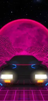 Retro futuristic car with neon pink landscape and cosmic sky.