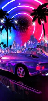 Retro futuristic car under neon lights and palm trees.