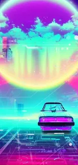 Neon retro futuristic skyline with cityscape and glowing colors.