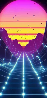 Retro futuristic wallpaper with neon sunset and grid pathway.