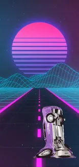 Vibrant retro futuristic scene with neon elements.