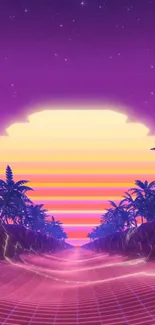 Retro futuristic neon sunset with palm trees and purple hues.