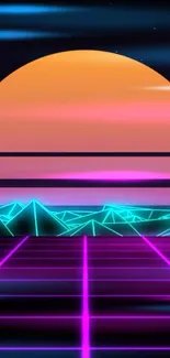 Retro futuristic neon landscape with sun and grid.