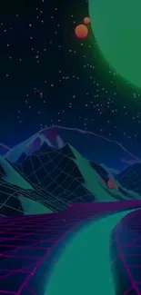 Retro futuristic neon landscape with mountains and stars.