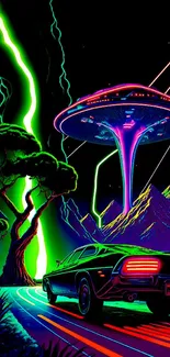 Retro futuristic wallpaper with neon car and UFO in a vibrant landscape at night.