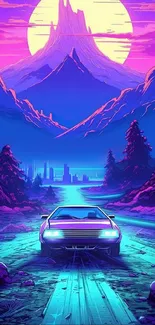 Retro car on neon-lit road with sunset and mountains.