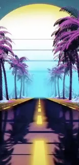 Retro futuristic scene with neon palm trees and reflective road under a glowing sun.