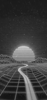 Retro futuristic monochrome grid wallpaper with setting sun.