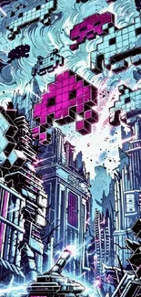 Pixelated creatures invade a futuristic cityscape.