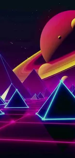 Vibrant retro-futuristic art with glowing pyramids and a large planet.