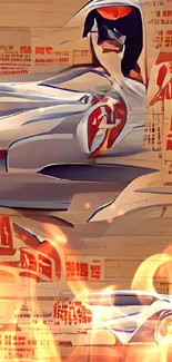 Retro-futuristic racing art with vibrant orange tones.