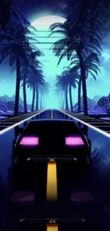 Retro futuristic wallpaper with neon car and palm trees