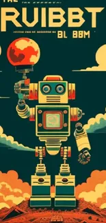 Retro futuristic robot standing in vibrant orange and green design.