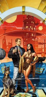 Retro futuristic couple in vibrant sci-fi setting with orange tones.