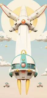 Retro futuristic spaceship flying in a stylized sky with clouds.