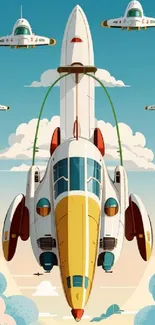 Illustration of a retro futuristic spaceship soaring in a vibrant sky.