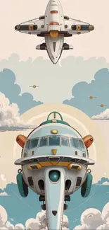 Retro futuristic spaceships soaring through a whimsical cloudy sky.