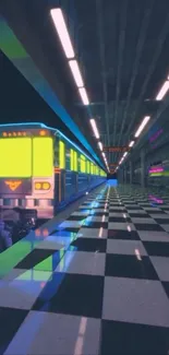 Retro futuristic subway with neon lights and checkered floors.