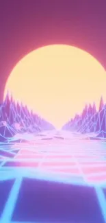 Retro futuristic wallpaper with neon sunset and polygonal mountains.