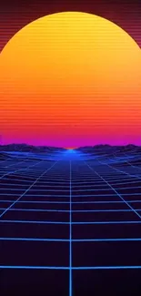 Retro futuristic wallpaper with a neon sunset and grid design.