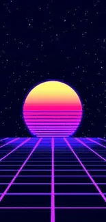 Retro futuristic sunset with grid in neon purple hues.