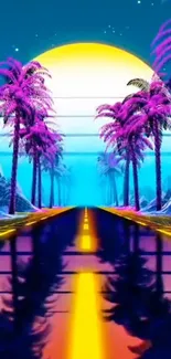 Retro futuristic wallpaper with neon palms and sunset.