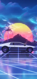 A retro car under a neon sunset with palm trees and a vibrant sky.