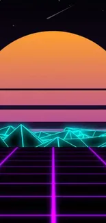 A retro futuristic wallpaper featuring a neon grid and a vibrant orange sunset.