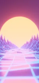 Vibrant retro futuristic neon sunset wallpaper with grid lines and glowing sun.