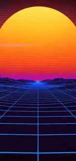 Retro futuristic wallpaper with neon sunset and grid.