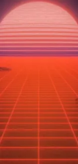 Vibrant retro futuristic wallpaper with red neon sunset on a digital grid.