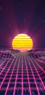 Retro futuristic neon sunset with grid and skyline.