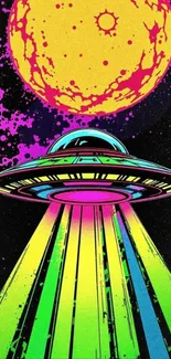 Retro neon UFO with colorful cosmic background.