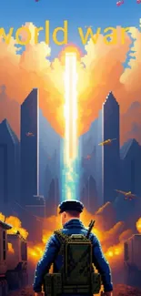 Pixel art of a soldier facing a futuristic city, with explosions.