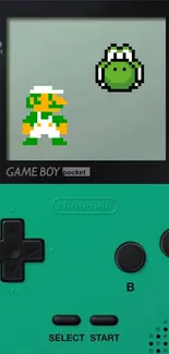 Retro Game Boy console with pixel art characters on screen.