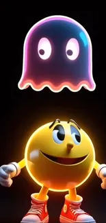 Retro gaming character with ghost, vibrant design.