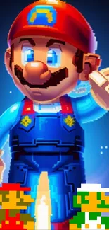 Retro gaming character with pixel art style on a vivid blue background.