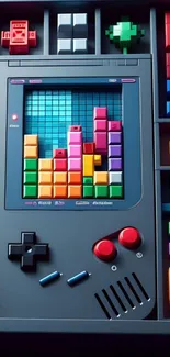 Colorful retro game console with Tetris blocks design.