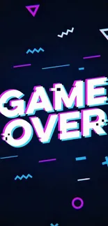 Retro game over wallpaper with neon geometric patterns and dark blue background.