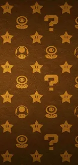 Retro gaming wallpaper with iconic symbols on a brown background.