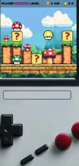 Retro Gameboy wallpaper with pixel art mushrooms.