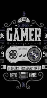 Retro style gamer wallpaper with 16-bit controller design on a black background.