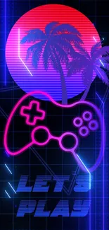 Retro gaming wallpaper with neon palm trees and game controller.