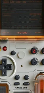 Vintage gaming console with buttons and screen.