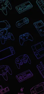 Neon outline retro gaming controllers on black background.