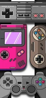 Vibrant retro gaming controllers in a colorful mobile wallpaper design.