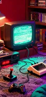 Retro gaming setup with vintage TV and consoles in a cozy room.