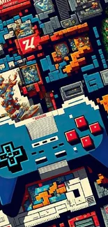 Colorful retro gaming controller pixel art wallpaper.