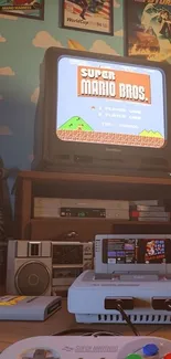 Retro gaming setup with vintage console and TV showcasing Super Mario Bros.