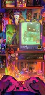 Retro gaming room with posters and vintage console.